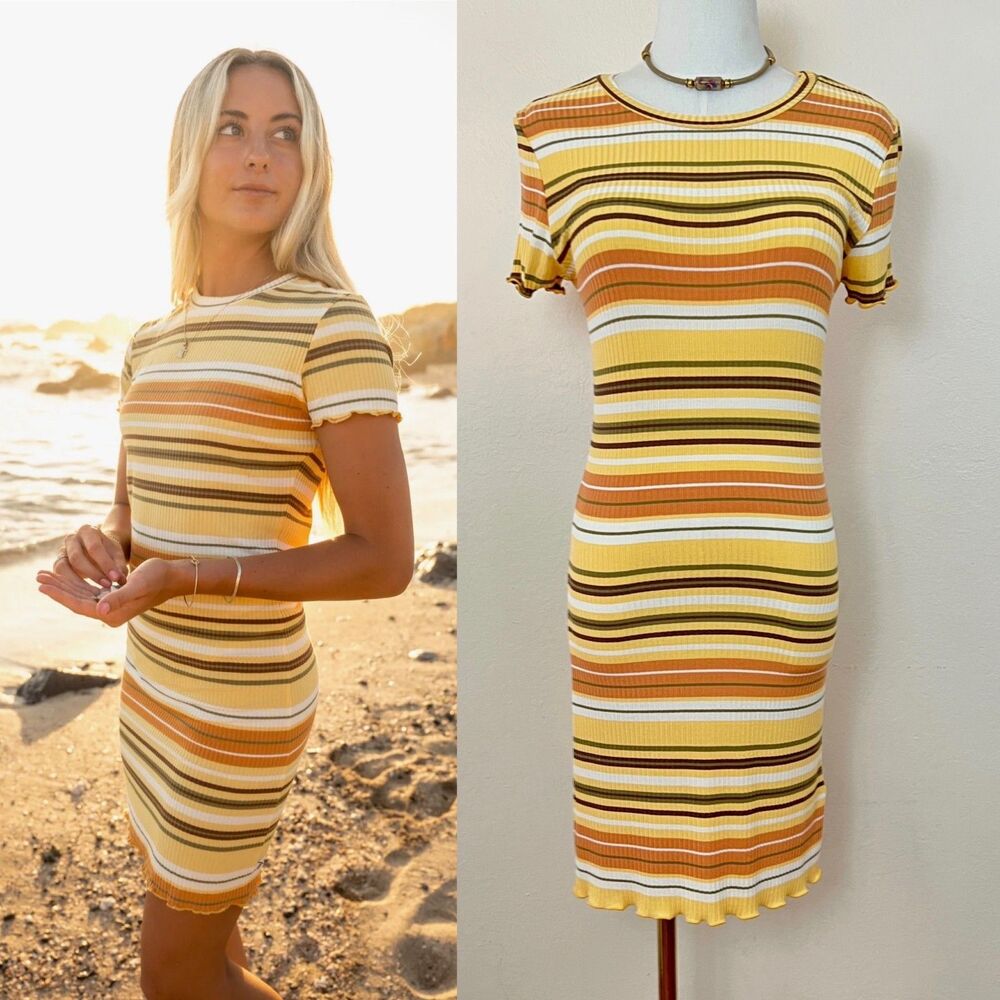 Sisstrevolution Cliff Drive SS Stretchy Ribbed Knit 90s T-Shirt Dress Honey Sz M